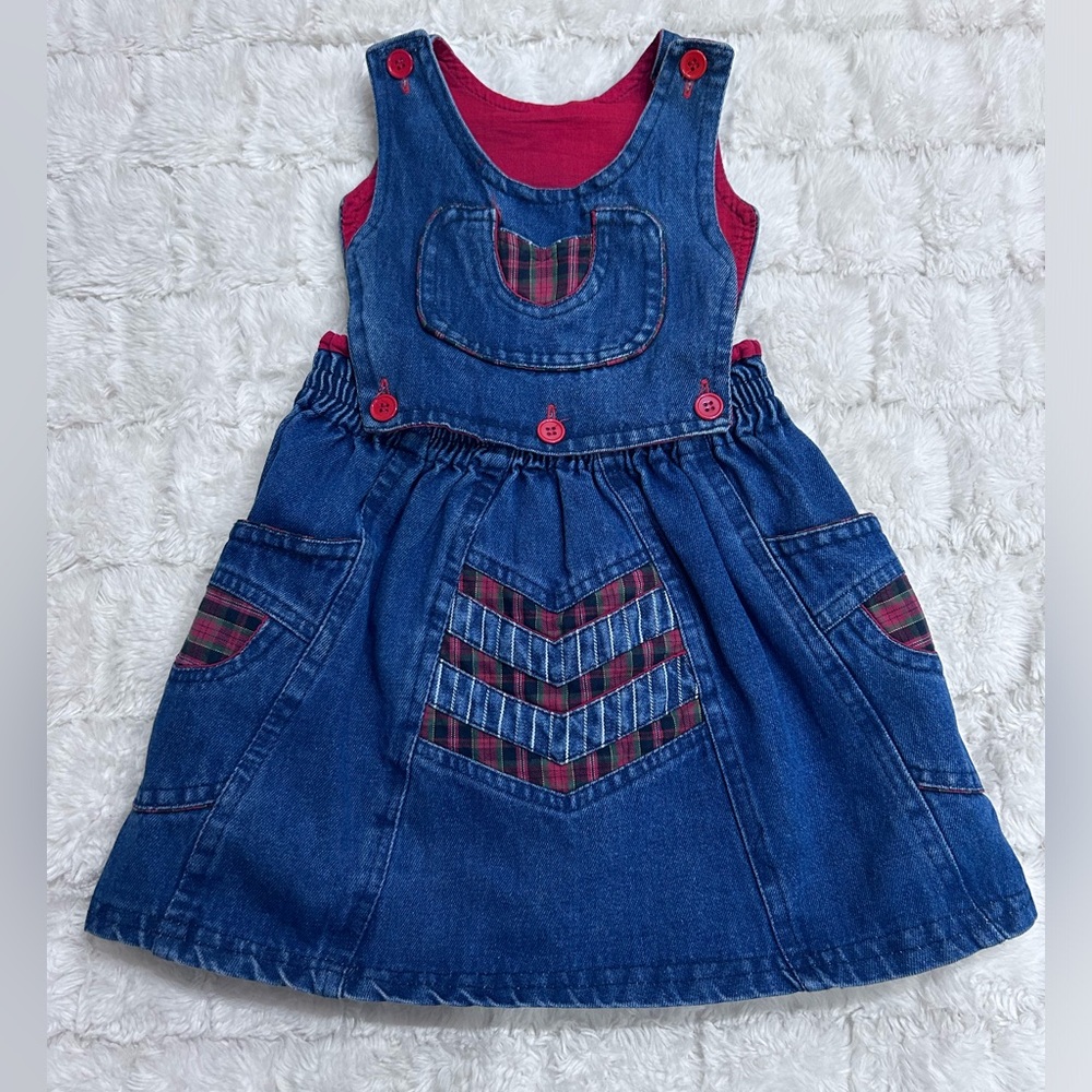 Girls’ Denim Jumper Dress W/ Red Plaid Patchwork‎ & Button Details Size 3